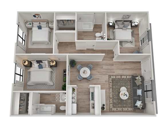 A top-down view of a modern, well-lit, and spacious apartment with two bedrooms, a living area, and a bathroom.