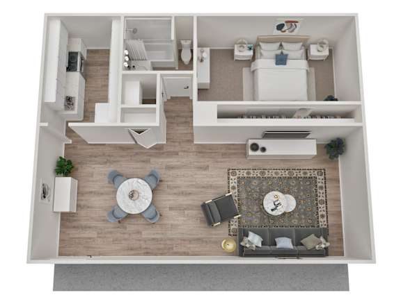 A top-down view of a living room with a couch, coffee table, and a rug.