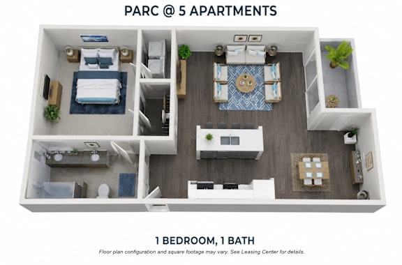 A floor plan of a one bedroom, one bath apartment in a five apartment building.