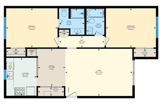 A floor plan of a house with a living room, two bedrooms, a bathroom, a kitchen, and a laundry room at The Square in Downey, CA, 90242