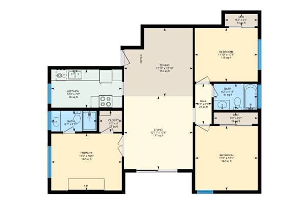 Floor Plan  A floor plan of a house with a kitchen, living room, and two bedrooms at The Square in Downey, CA, 90242