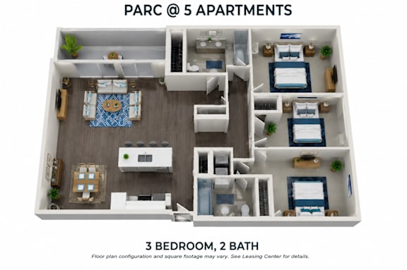 A floor plan of a 3 bedroom, 2 bathroom apartment.
