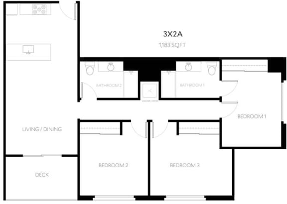 3 Bedroom 2 Bath Floor plan at the perch, California