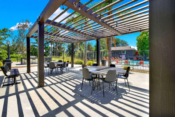 a patio with tables and chairs under awning at Monterra Ridge Apartments, Canyon Country, California