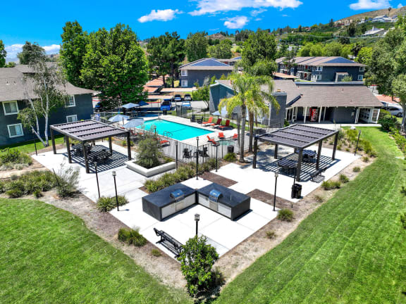 an aerial view of a backyard with a pool and picnic tables