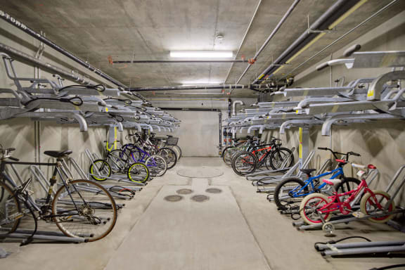 a group of bikes parked in a storage room at the perch, Los Angeles California