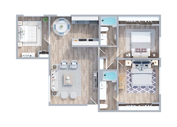 A top down view of a house layout with a kitchen, living room, dining room, and bathrooms.