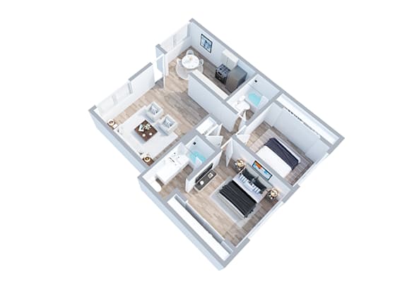 A 3D floor plan of a house with a kitchen, living room, dining room, and bedrooms.