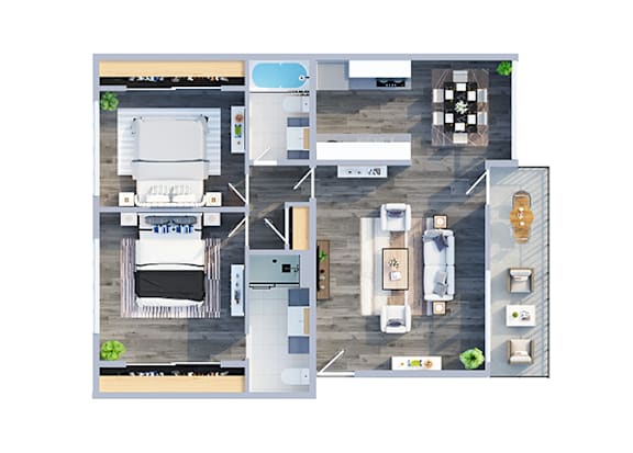 A top-down view of a house layout with a kitchen, living room, and bathroom.