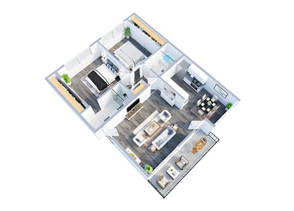 A 3D floor plan of a house with multiple rooms.