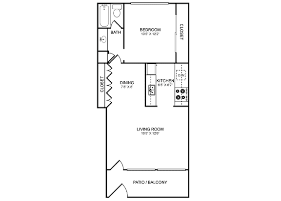 1 Bed 1 Bath Floor Plan at Sunset Square, West Covina