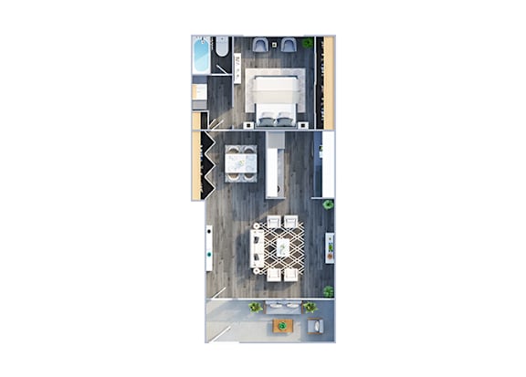 A top-down view of a house with a kitchen, living room, and dining area.