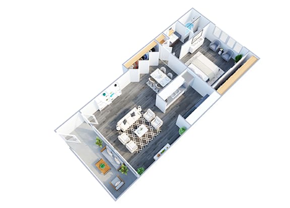 A 3D floor plan of a house with a kitchen, living room, and dining area.