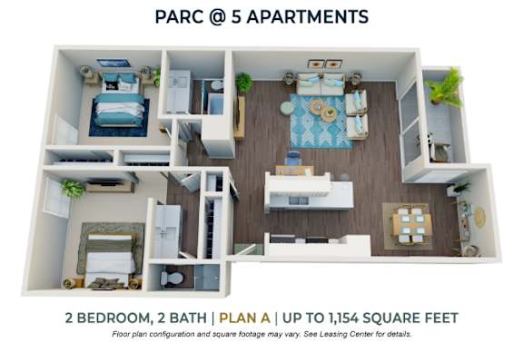 Floor Plan  A floor plan of a 2 bedroom, 2 bath apartment at PARC @ 5 Apartments.