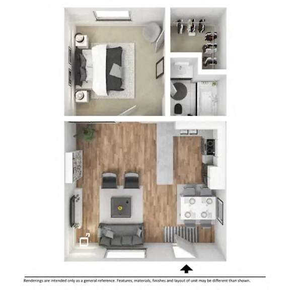 Floor Plan  A floor plan of a small apartment with a kitchen, living room, and bedroom.