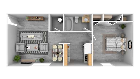 A top-down view of a small apartment with a kitchen, living room, and bathroom.