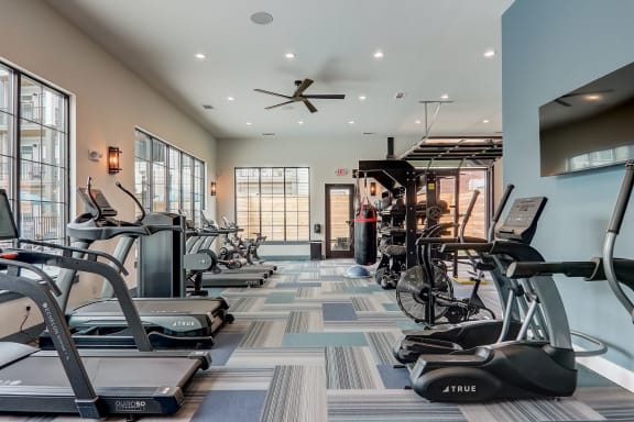 a gym with treadmills and ellipticals