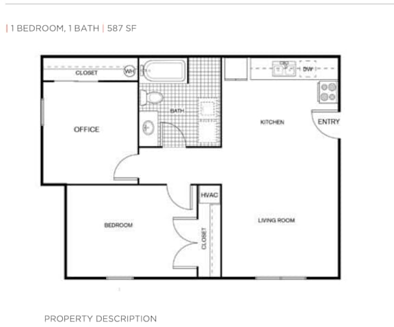 A floor plan of a property with one bedroom and one bath.
