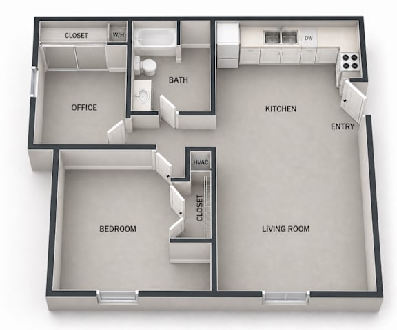 A diagram of a house layout with a living room, kitchen, bedroom, bathroom, office, and closet.