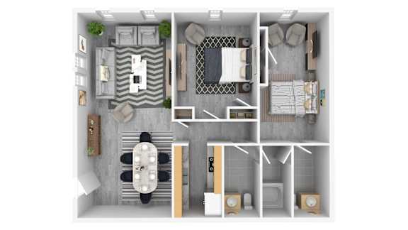 A floor plan of a small apartment with a kitchen, living room, and bathroom.