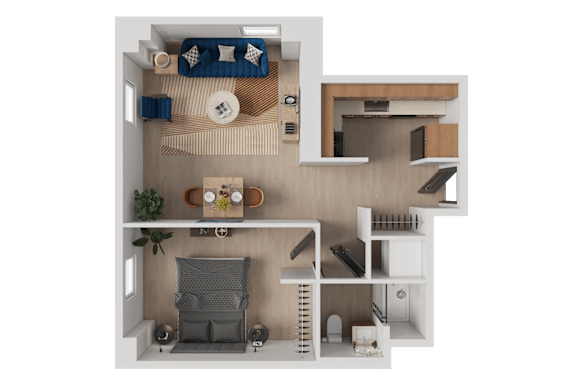 A 3D floor plan of a small apartment with a living room, kitchen, and bedroom.
