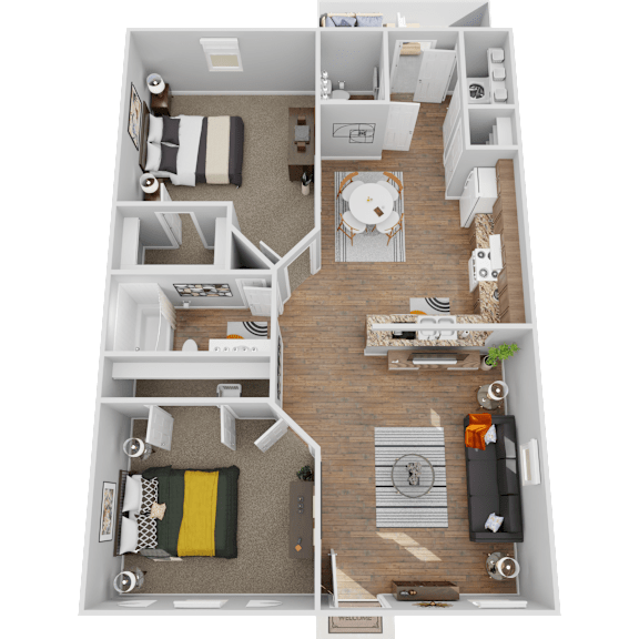 A 3D floor plan of a small apartment with a living room, kitchen, and two bedrooms.