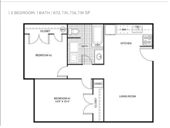 A floor plan of a one bedroom apartment with a bath, kitchen and living room.