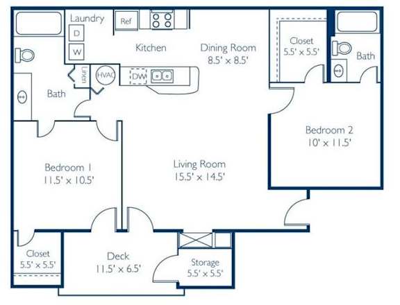 Floorplan for 2 Bedroom 2 Bath