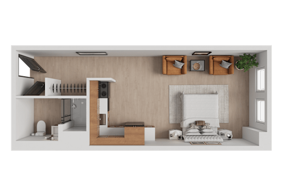 A modern living room with a fireplace and a kitchen area.