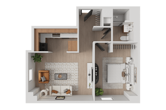 A 3D rendered image of a modern apartment layout.