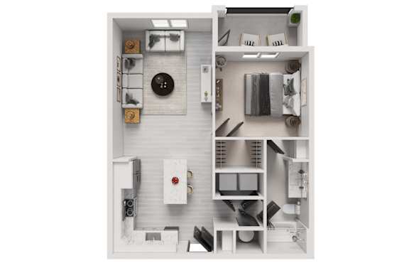 A white dollhouse with a red button on the floor.