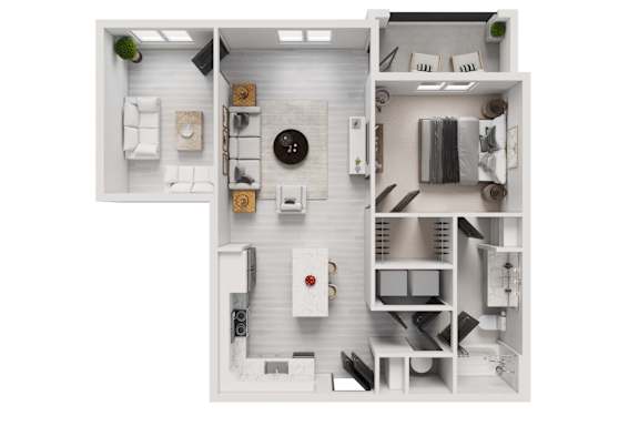 A top-down view of a small, neatly organized apartment with a kitchen, living room, and bathroom.