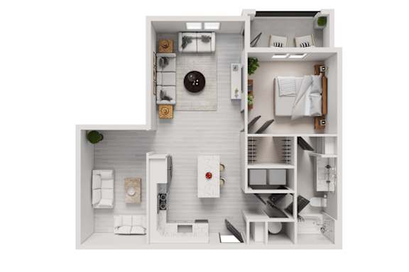 A white and wood floor plan of a small apartment with a kitchen, living room, and bathroom.
