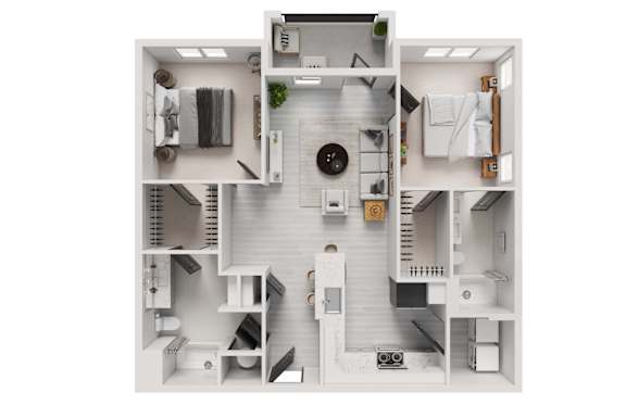 A white model of a house with a kitchen, living room, and bathroom.