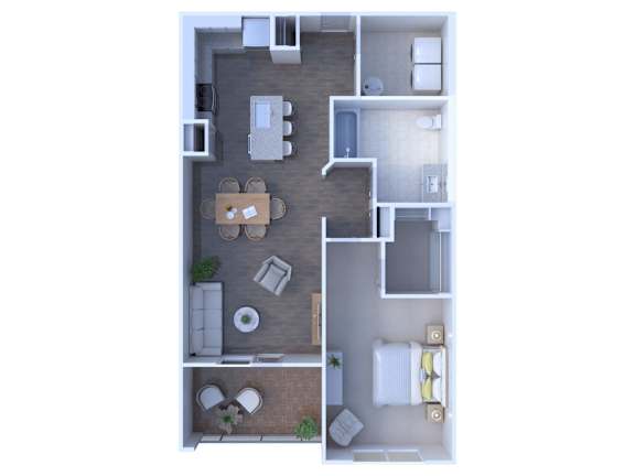 Floor Plan  A top down view of a small apartment with a living room, kitchen, and bathroom.