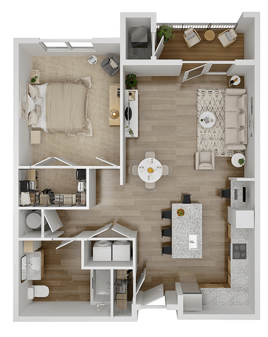 A bird's eye view of the Abigail floor plan featuring bedrooms, kitchen, living, and dining areas.