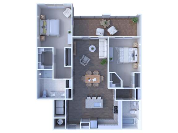 A floor plan of a house with a kitchen, living room, dining room, and two bedrooms.