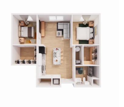 A dollhouse with a kitchen, living room, and dining area.