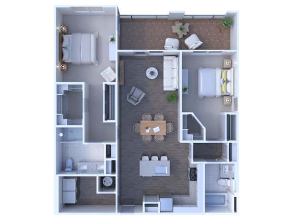 A floor plan of a house with a kitchen, living room, dining room, and bathrooms.