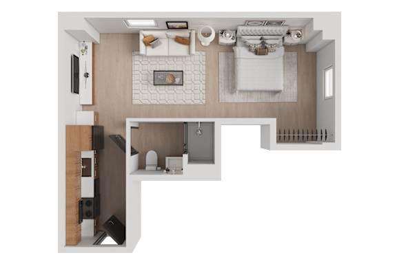 A modern living room with a television, a couch, and a coffee table.
