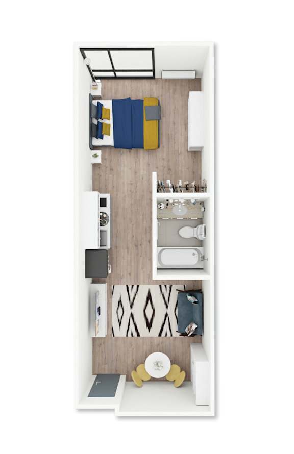 A top-down view of a small apartment with a bed, desk, and kitchenette.