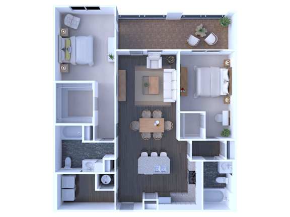 A top-down view of a house layout with a central living area, two bedrooms, a bathroom, and a kitchen.