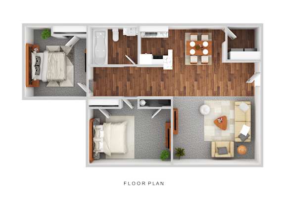 A floor plan of a house with a living room, dining room, kitchen, and two bedrooms.