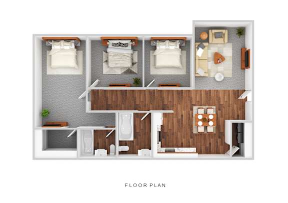 A floor plan of a room with two beds, a table, and a desk.