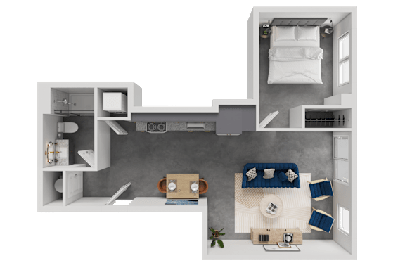A top-down view of a small apartment layout with a kitchen, living room, and bathroom.