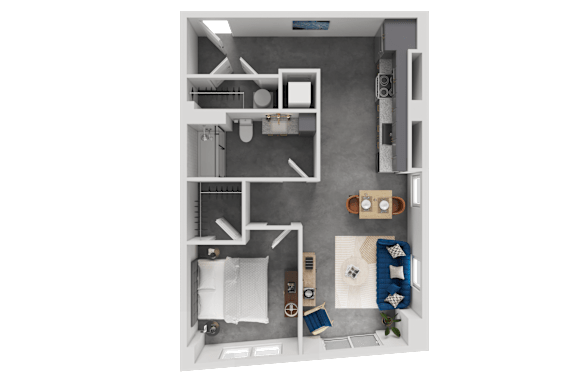 A 3D floor plan of a small apartment with a kitchen, living room, and bathroom.