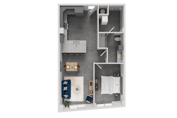 A 3D floor plan of a small apartment with a bedroom, bathroom, and kitchen.