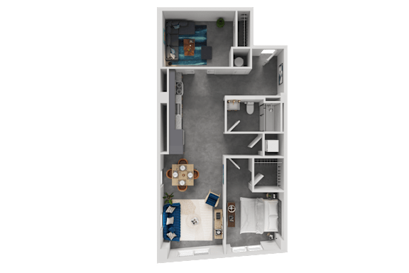 A floor plan of a small apartment with a kitchen, living room, and bedrooms.