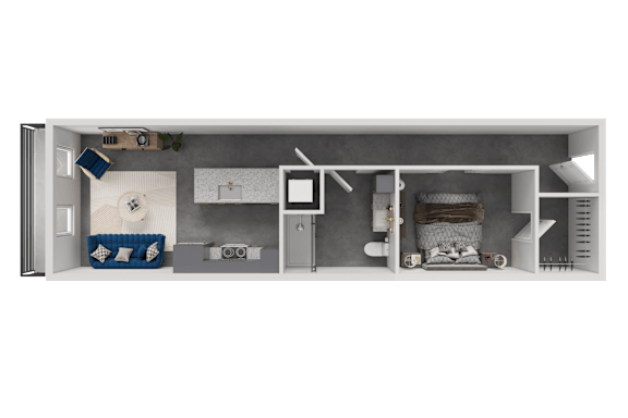 A 3D floor plan of a small apartment with a bedroom, living room, and kitchen.