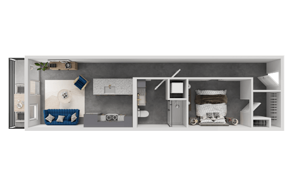 A 3D rendered image of a house layout.